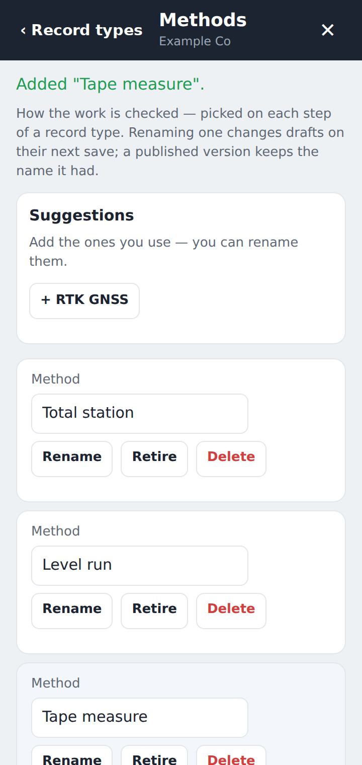 The Methods list with Total station, Level run and Tape measure