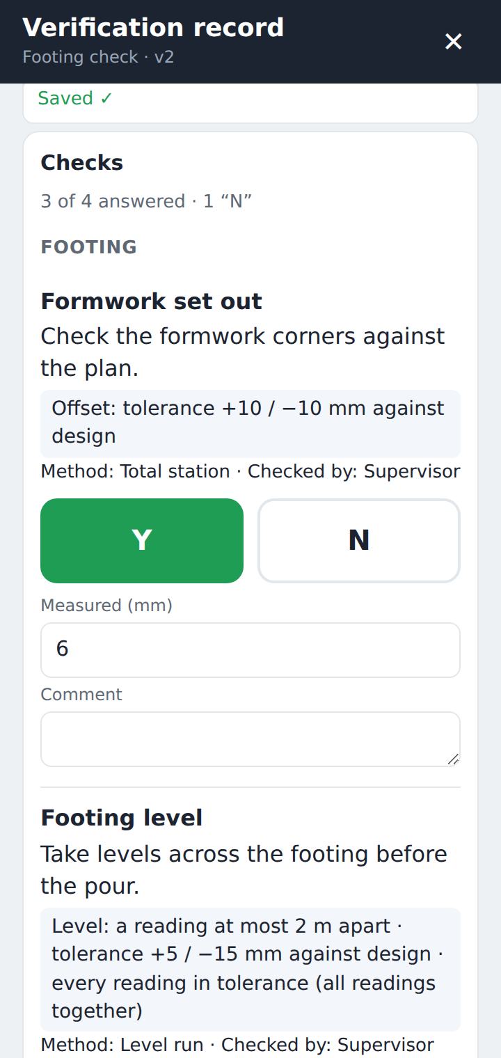 Answering each check Y or N with a measured value