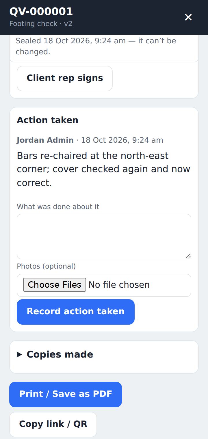 The action taken recorded against the flagged check